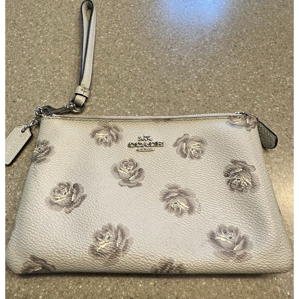 Coach Wristlet/Wallet/Purse Blue with Grey Flowers Silver Hardware
